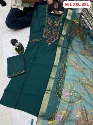 Designer heavy embroidery fancy digital roman silk green kurta pant dupatta